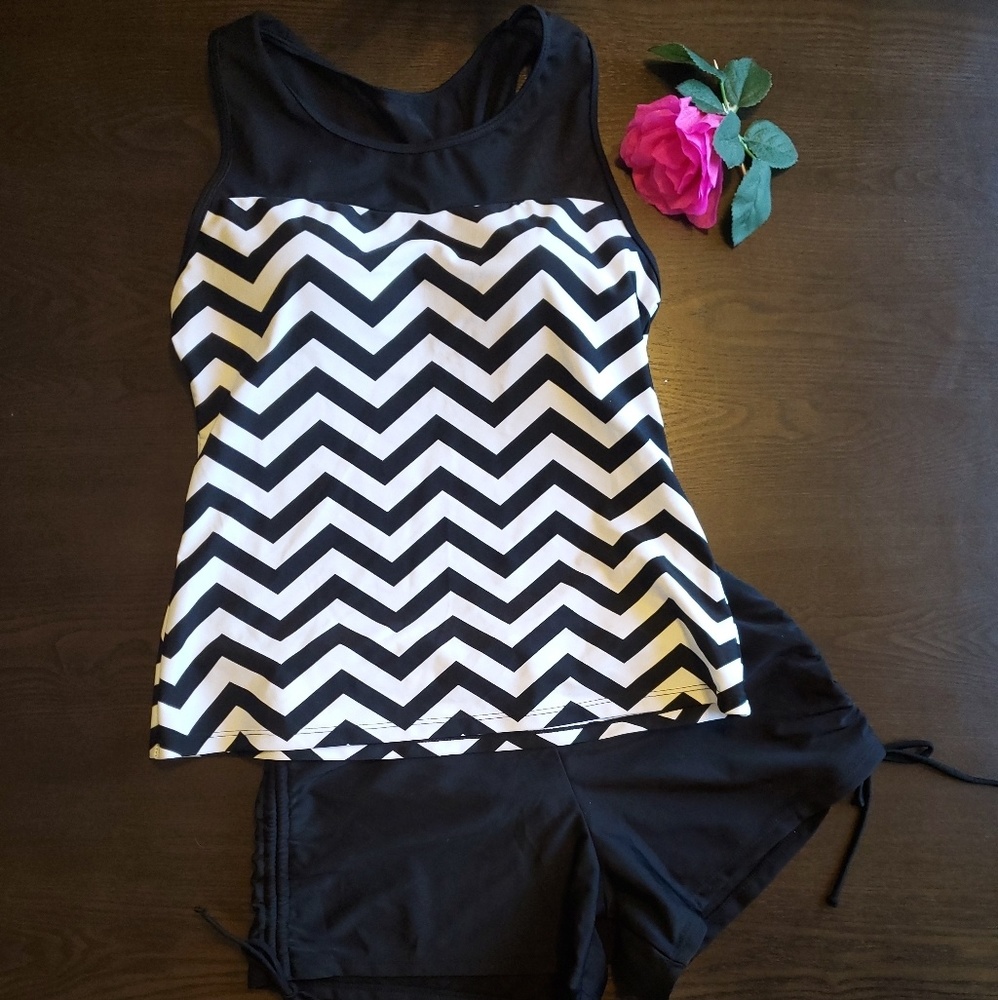 Black White Zigzag Print Mesh Splice 2pcs Tankini